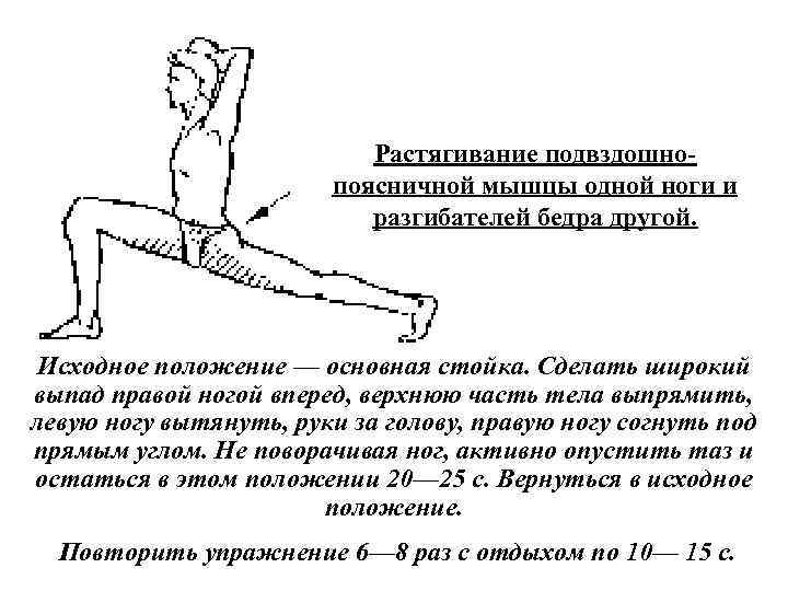  Растягивание подвздошно поясничной мышцы одной ноги и разгибателей бедра другой. Исходное положение —
