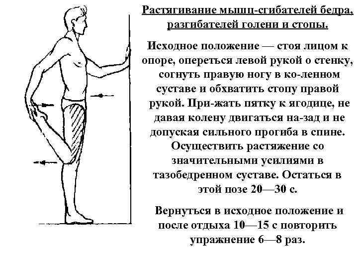 Растягивание мышц сгибателей бедра, разгибателей голени и стопы. Исходное положение — стоя лицом к