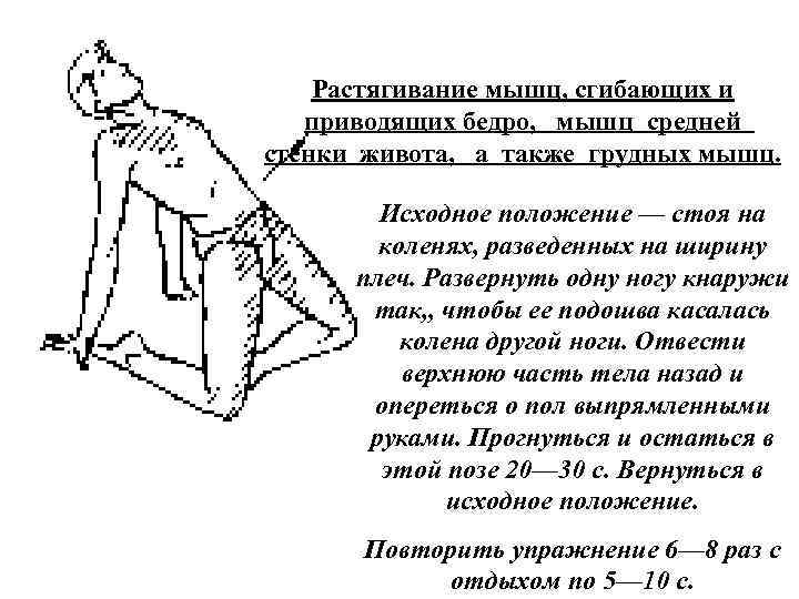  Растягивание мышц, сгибающих и приводящих бедро, мышц средней стенки живота, а также грудных