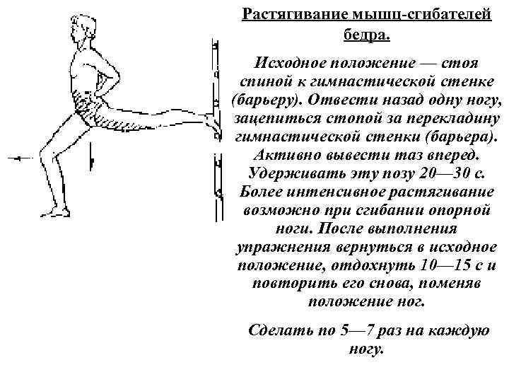 Растягивание мышц сгибателей бедра. Исходное положение — стоя спиной к гимнастической стенке (барьеру). Отвести
