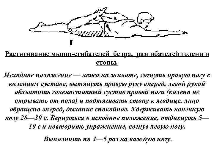 Растягивание мышц сгибателей бедра, разгибателей голени и стопы. Исходное положение — лежа на животе,