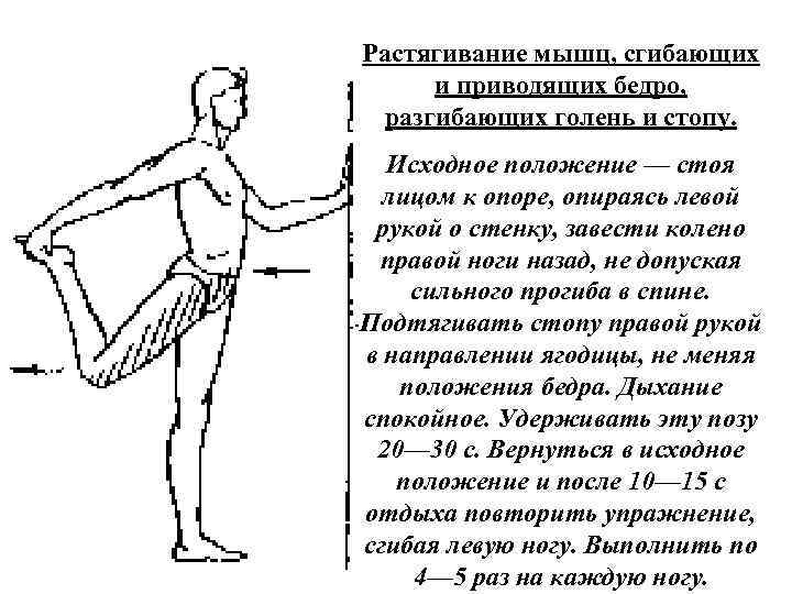 Растягивание мышц, сгибающих и приводящих бедро, разгибающих голень и стопу. Исходное положение — стоя