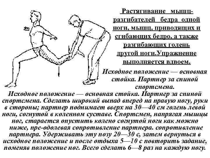  Растягивание мышц разгибателей бедра одной ноги, мышц, приводящих и сгибающих бедро, а также
