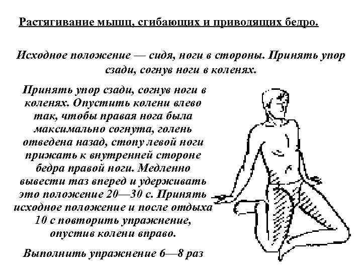  Растягивание мышц, сгибающих и приводящих бедро. Исходное положение — сидя, ноги в стороны.