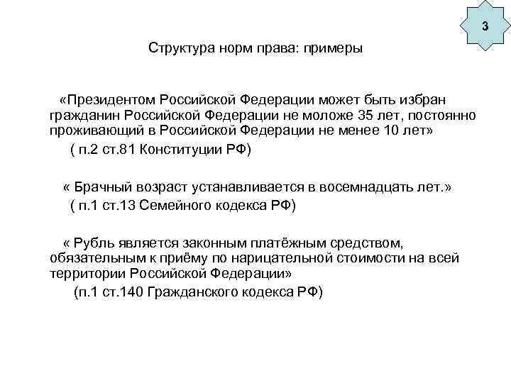 3 Структура норм права: примеры «Президентом Российской Федерации может быть избран гражданин Российской Федерации