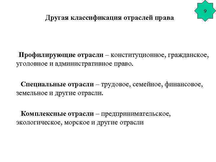 Другая классификация отраслей права 9 Профилирующие отрасли – конституционное, гражданское, уголовное и административное право.