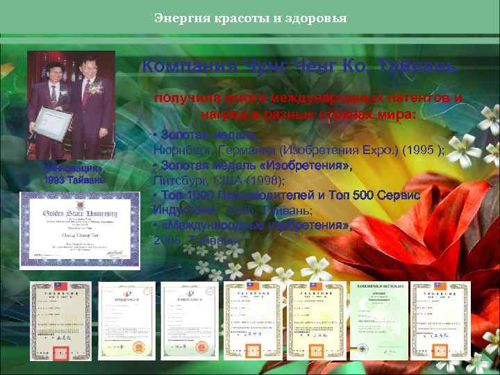 Энергия красоты и здоровья Компания Чунг Ченг Ко, Тайвань получила много международных патентов и