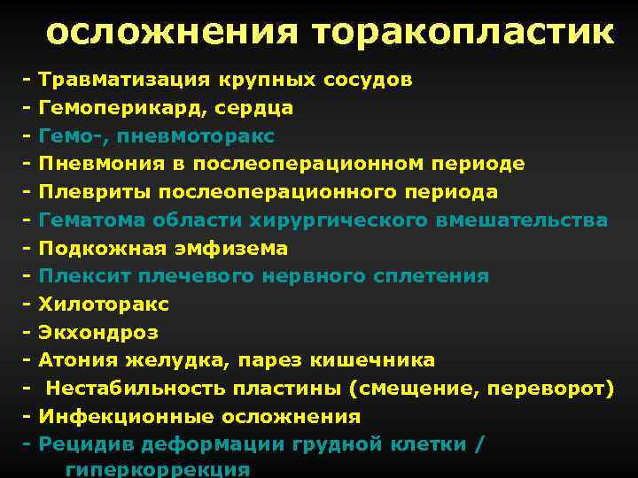 осложнения торакопластик - Травматизация крупных сосудов Гемоперикард, сердца Гемо-, пневмоторакс Пневмония в послеоперационном периоде