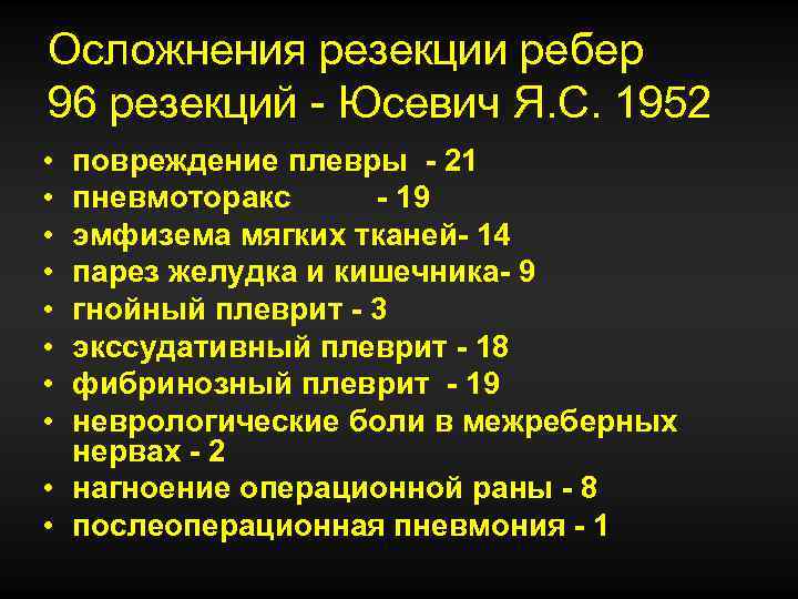 Осложнения резекции ребер 96 резекций - Юсевич Я. С. 1952 • • повреждение плевры