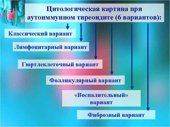 Цитологическая картина при аутоиммунном тиреоидите (6 вариантов): Классический вариант Лимфоцитарный вариант Гюртлеклеточный вариант Фолликулярный