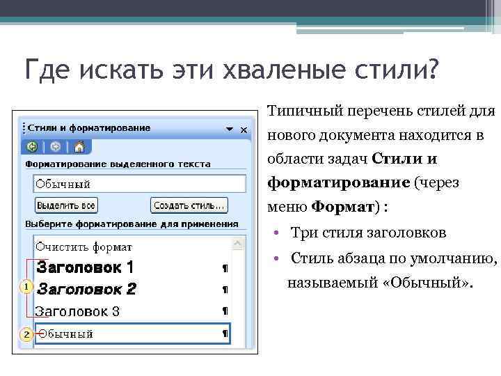 Где искать эти хваленые стили? Типичный перечень стилей для нового документа находится в области