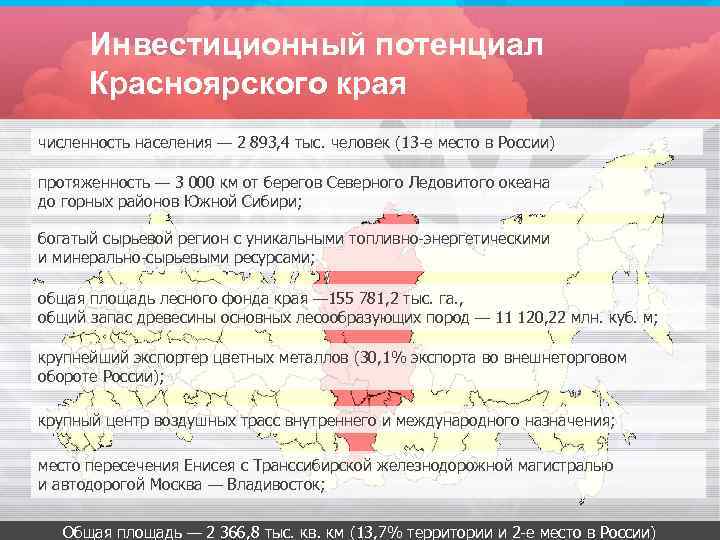 Инвестиционный потенциал Красноярского края численность населения — 2 893, 4 тыс. человек (13 -е