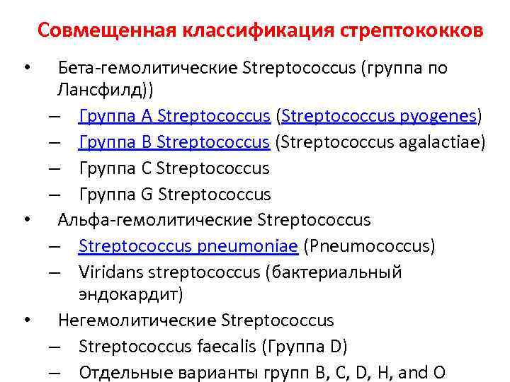 Совмещенная классификация стрептококков Бета-гемолитические Streptococcus (группа по Лансфилд)) – Группа A Streptococcus (Streptococcus pyogenes)