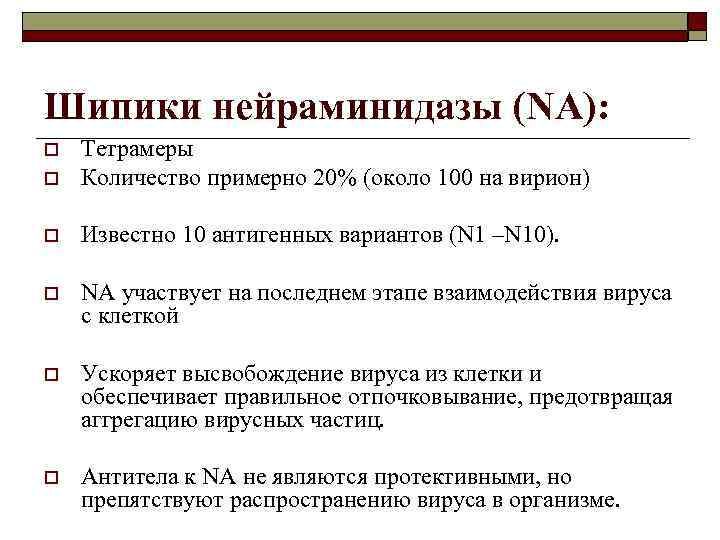 Шипики нейраминидазы (NA): o Тетрамеры Количество примерно 20% (около 100 на вирион) o Известно