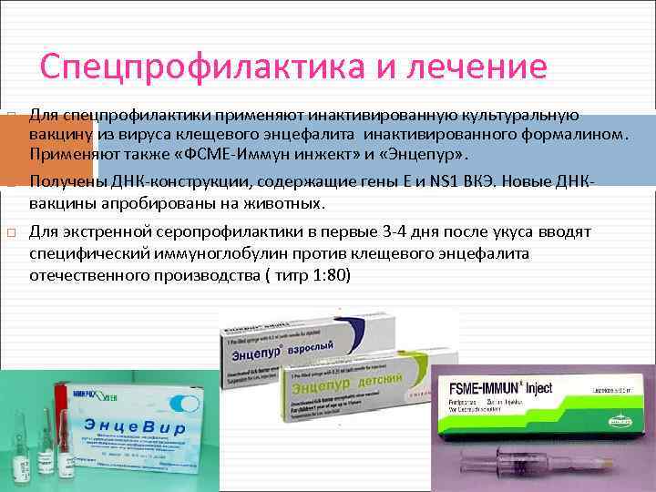 Спецпрофилактика и лечение Для спецпрофилактики применяют инактивированную культуральную вакцину из вируса клещевого энцефалита инактивированного