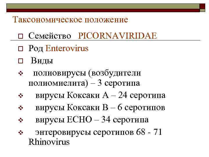 Таксономическое положение o o o v v v Семейство PICORNAVIRIDAE Род Enterovirus Виды полиовирусы