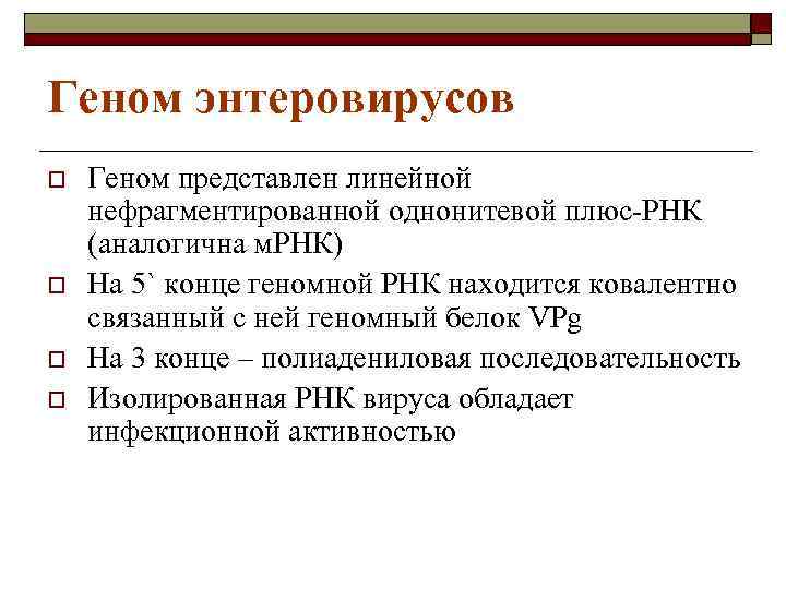 Геном энтеровирусов o o Геном представлен линейной нефрагментированной однонитевой плюс-РНК (аналогична м. РНК) На