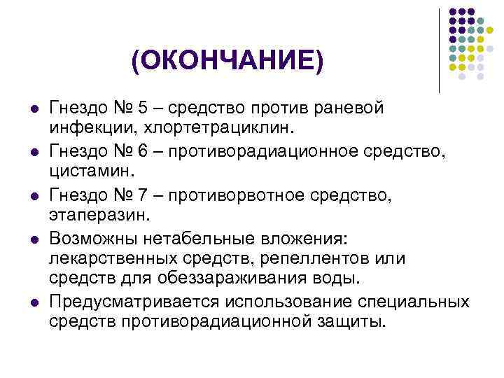 (ОКОНЧАНИЕ) l l l Гнездо № 5 – средство против раневой инфекции, хлортетрациклин. Гнездо