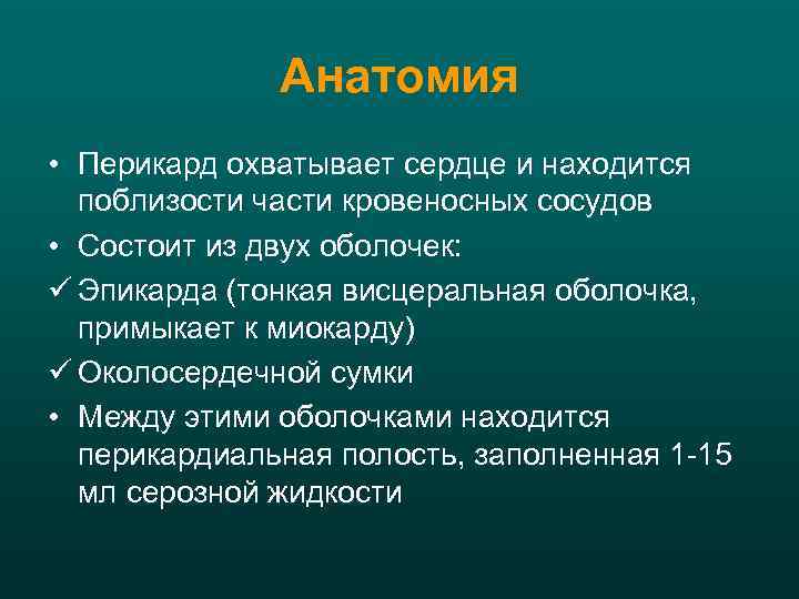 Анатомия • Перикард охватывает сердце и находится поблизости части кровеносных сосудов • Состоит из