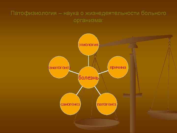 Патофизиология – наука о жизнедеятельности больного организма: этиология причина танатогенез болезнь саногенез патогенез 