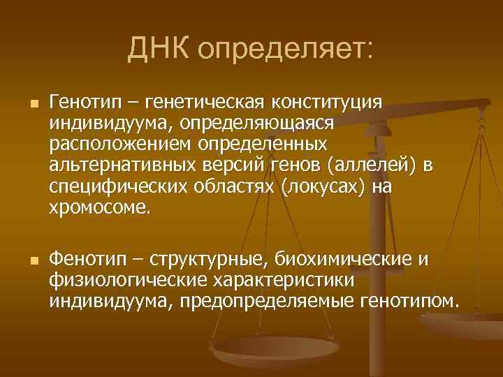 ДНК определяет: n n Генотип – генетическая конституция индивидуума, определяющаяся расположением определенных альтернативных версий