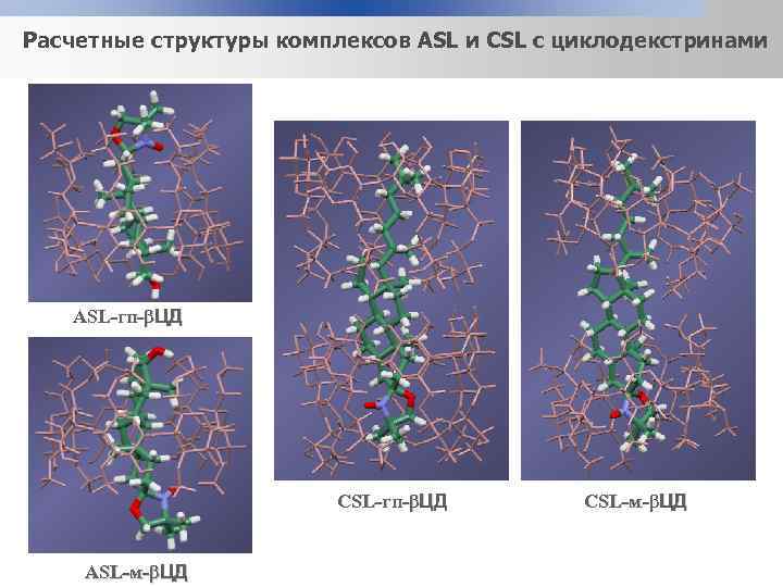 Расчетные структуры комплексов ASL и CSL с циклодекстринами ASL-гп-βЦД СSL-гп-βЦД ASL-м-βЦД СSL-м-βЦД 