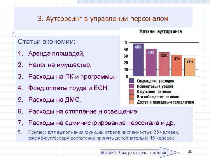 3. Аутсорсинг в управлении персоналом Статьи экономии: 1. Аренда площадей, 2. Налог на имущество,