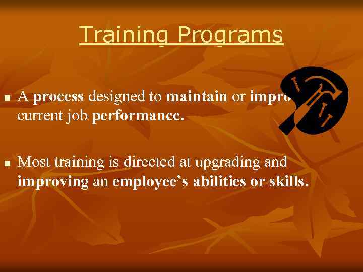 Training Programs n n A process designed to maintain or improve current job performance.