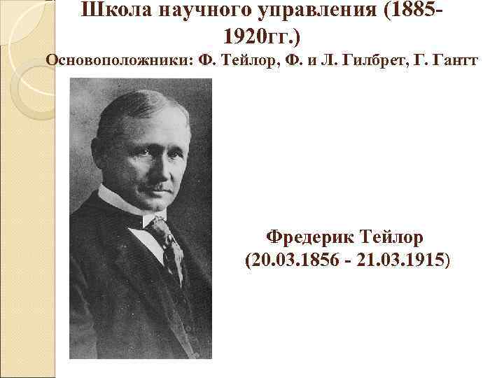 Школа научного управления (18851920 гг. ) Основоположники: Ф. Тейлор, Ф. и Л. Гилбрет, Г.
