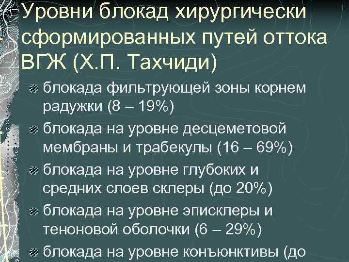 Уровни блокад хирургически сформированных путей оттока ВГЖ (Х. П. Тахчиди) блокада фильтрующей зоны корнем