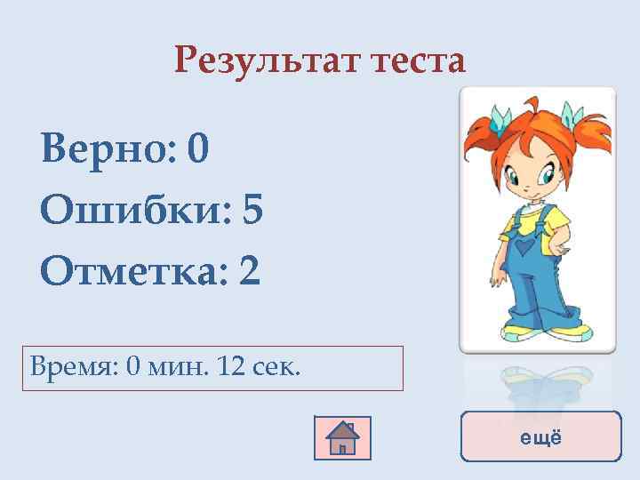 Результат теста Верно: 0 Ошибки: 5 Отметка: 2 Время: 0 мин. 12 сек. ещё