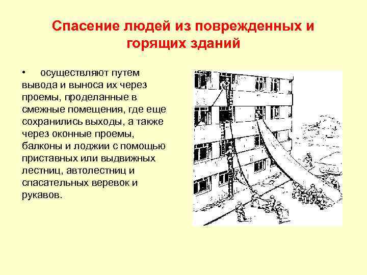 Спасение людей из поврежденных и горящих зданий • осуществляют путем вывода и выноса их