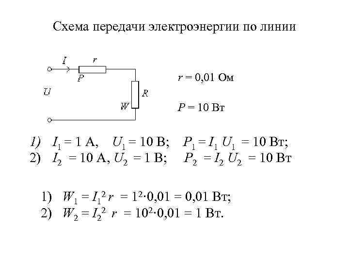 Схема передачи электроэнергии по линии r = 0, 01 Ом P = 10 Вт