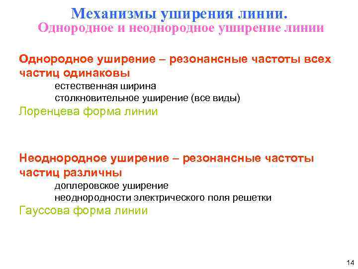 Механизмы уширения линии. Однородное и неоднородное уширение линии Однородное уширение – резонансные частоты всех