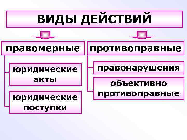 ВИДЫ ДЕЙСТВИЙ правомерные противоправные юридические акты правонарушения юридические поступки объективно противоправные 
