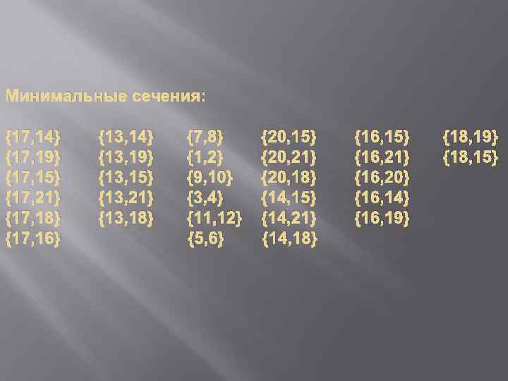 Минимальные сечения: {17, 14} {17, 19} {17, 15} {17, 21} {17, 18} {17, 16}