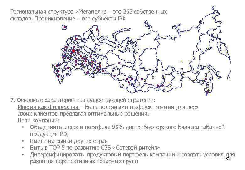 Региональная структура «Мегаполис – это 265 собственных складов. Проникновение – все субъекты РФ 7.