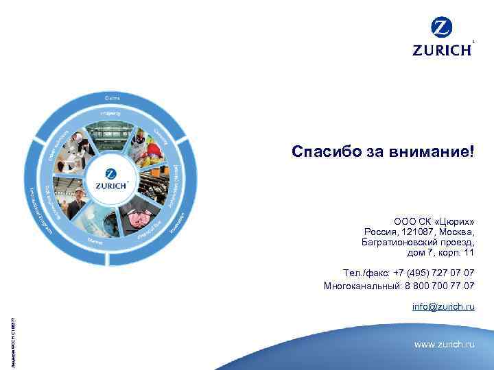Спасибо за внимание! ООО СК «Цюрих» Россия, 121087, Москва, Багратионовский проезд, дом 7, корп.