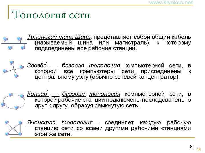 Топология сети Топология типа Ши на, представляет собой общий кабель (называемый шина или магистраль),