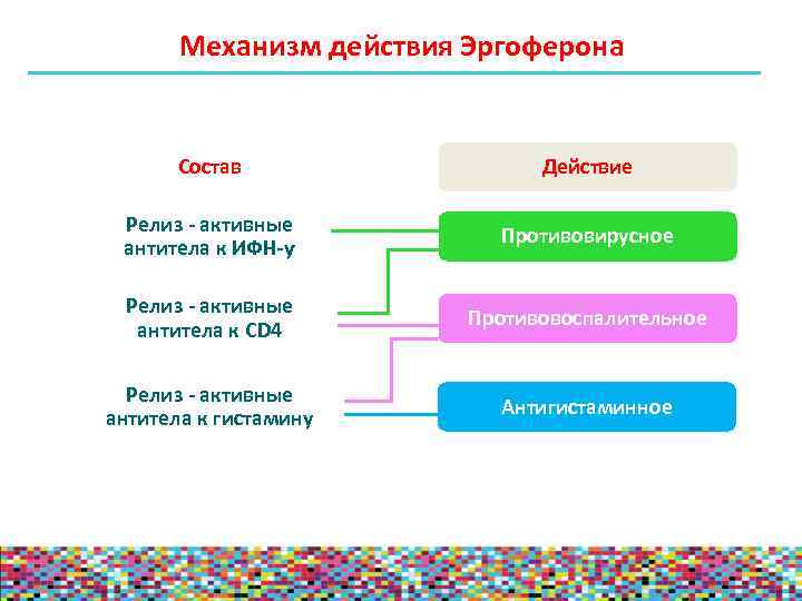Механизм действия Эргоферона Состав Действие Релиз - активные антитела к ИФН-ƴ Противовирусное Релиз -