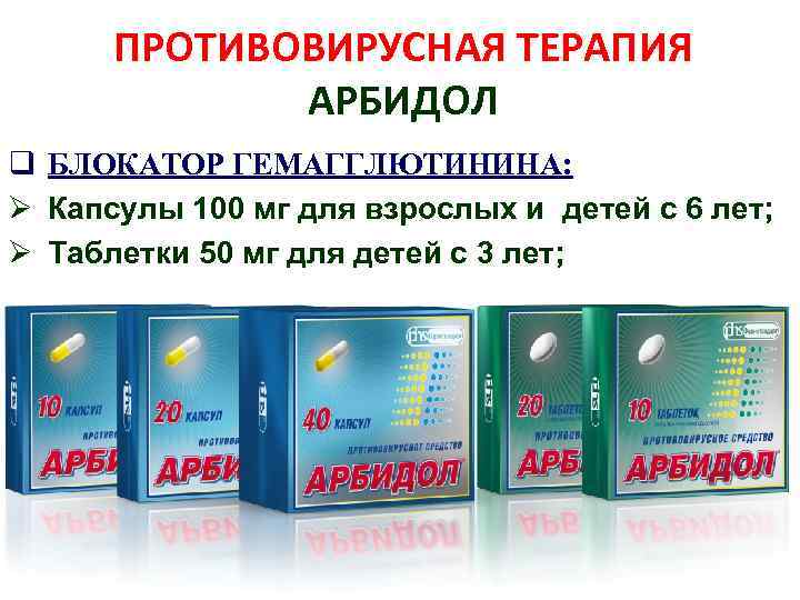 ПРОТИВОВИРУСНАЯ ТЕРАПИЯ АРБИДОЛ q БЛОКАТОР ГЕМАГГЛЮТИНИНА: Ø Капсулы 100 мг для взрослых и детей