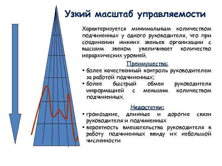 Узкий масштаб управляемости Характеризуется минимальным количеством подчиненных у одного руководителя, что при соединении нижних