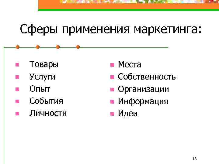 Сферы применения маркетинга: n n n Товары Услуги Опыт События Личности n n n
