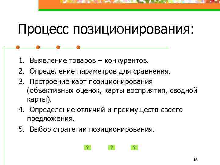 Процесс позиционирования: 1. Выявление товаров – конкурентов. 2. Определение параметров для сравнения. 3. Построение