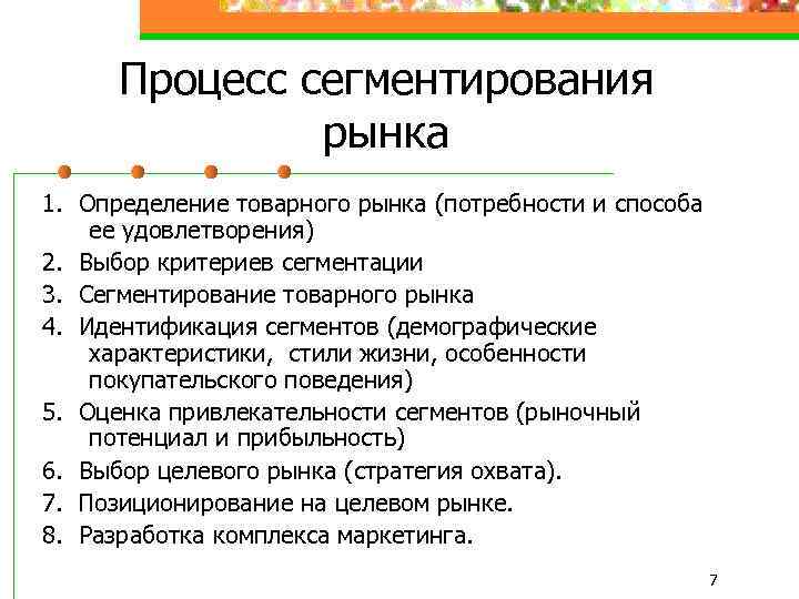 Процесс сегментирования рынка 1. Определение товарного рынка (потребности и способа ее удовлетворения) 2. Выбор