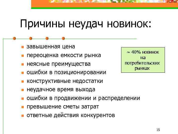 Причины неудач новинок: n n n n n завышенная цена ~ 40% новинок переоценка