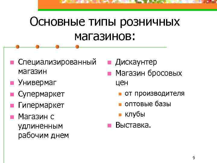 Основные типы розничных магазинов: n n n Специализированный магазин Универмаг Супермаркет Гипермаркет Магазин с