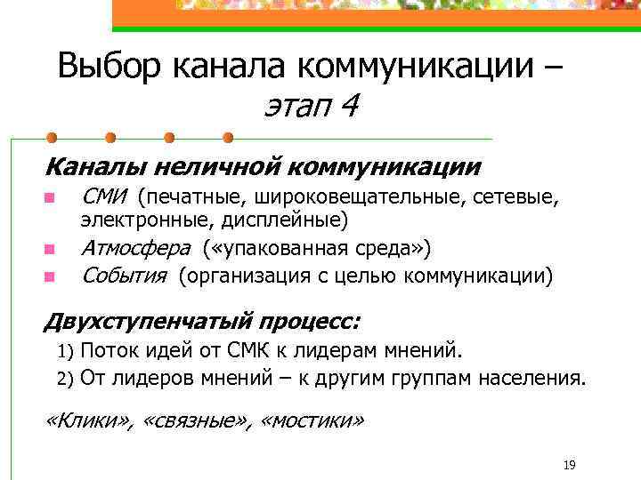 Выбор канала коммуникации – этап 4 Каналы неличной коммуникации СМИ (печатные, широковещательные, сетевые, n