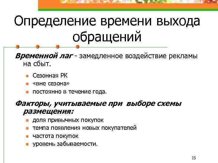 Определение времени выхода обращений Временной лаг - замедленное воздействие рекламы на сбыт. n n