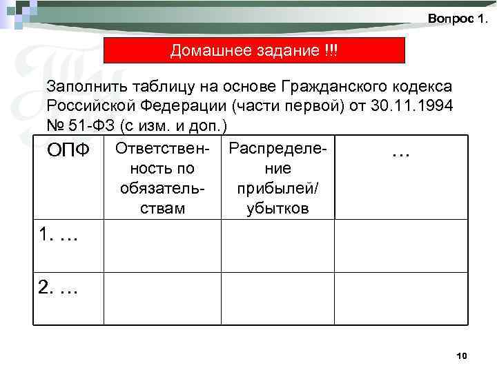 Вопрос 1. Домашнее задание !!! Заполнить таблицу на основе Гражданского кодекса Российской Федерации (части